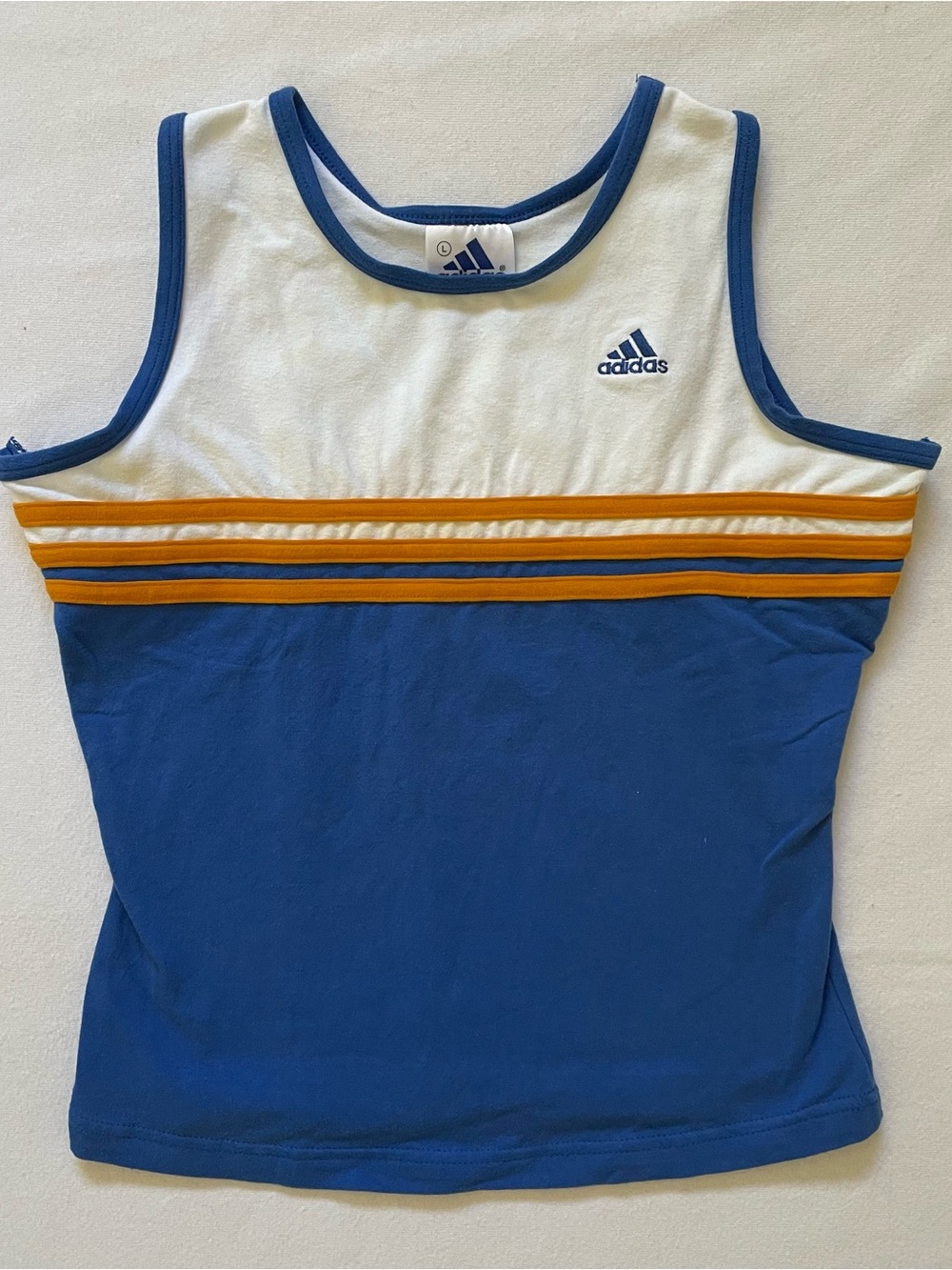 Vintage Y2K adidas Blue White & Orange Striped Athletic Tank Top Large Cotton